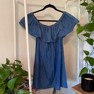 Denim ruffle off the shoulder dress